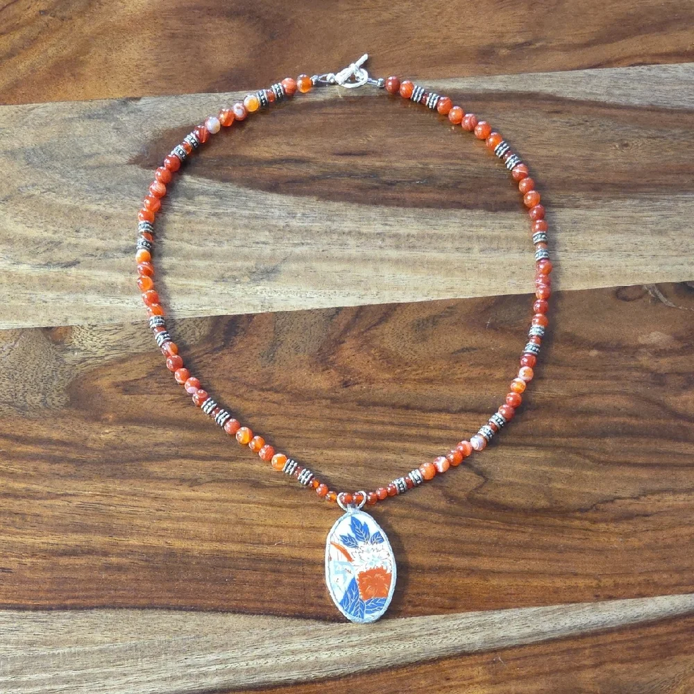 Broken China and Carnelian Beaded Necklace - Picture 2 of 6